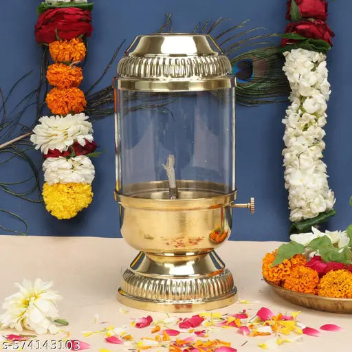 Brass Akhand Diya Oil Lamp Lantern with Borosilicate Glass Cover & Adjustable Bati Knob, Wick Lifting Screw Lever, Wick Included for Diwali Puja, Navratri, Janmastami For Deewali Gift Brass Diya For Puja