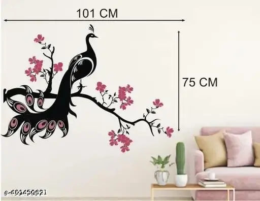 Peacock On Nature Tree - Flower - For Bedroom, Living Room ( ideal size on wall: 101 cm x 75 cm ),Multicolour