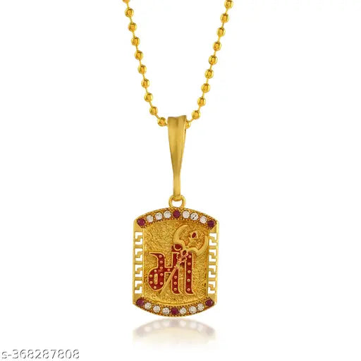 Gold Plated CZ Square Shape Hindi Word Maa with Trishul Pendant Locket