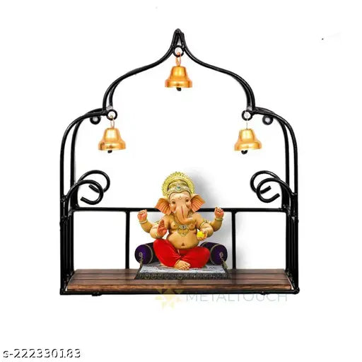 Wall Mounted Shelf Hanging Puja Temple Shelf with Bell Stylish Iron & Wood God Stand for Pooja Room Mandir Stand Temple | Home Temple Shelf for Mandir  Home Temple