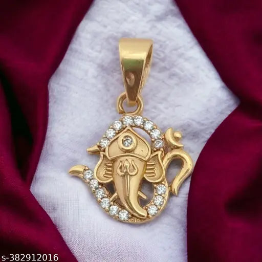 Spiritual Shine: A Gold Pendant with Ganesha, Aum, and Trishul in Dazzling Diamonds!