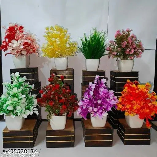 Set of 8 Artificial Plant For Home Decor or Office Décor Also Plant Suitable For Table , Flower & Plant Specially Decor For Bed Room Decorationet Bonsai Wild Artificial Plant with Pot