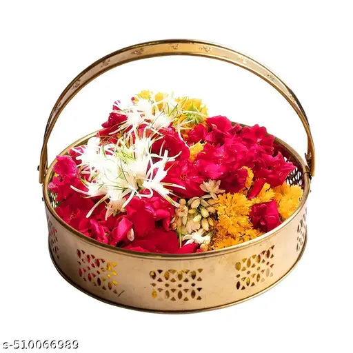 Round Metal Puja Basket with Handle High Quality Metal Gold Finished Flower Basket for Puja Diwali Navratri Festivals Brass & Metal Handicrafts By IBFASAA IMPEX