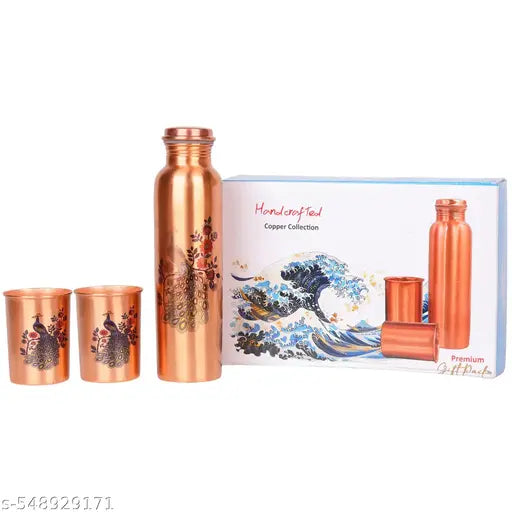 Copper Water Bottle  Gift Set of Peacock Design Bottle & 2 Glass, 1 liter  (Pack of 3, Copper, Reusable, Cold Drinks)