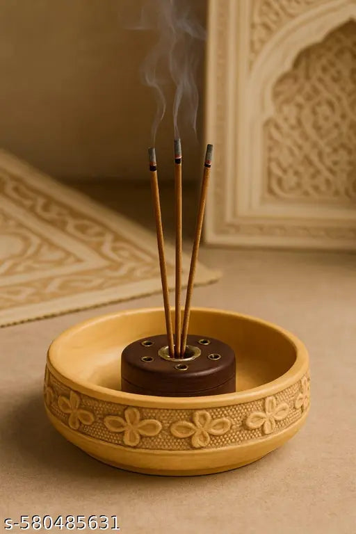 "Wooden Effarts™ Handcrafted Incense Holder Bowl | Premium Wooden Agarbatti & Dhoop Stand for Home & Temple Use"