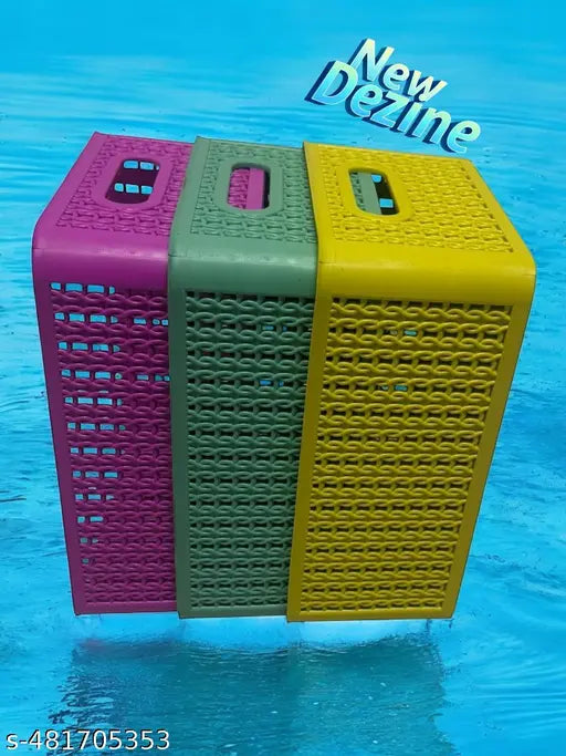 KITCHUB BPA Free Attractive Design Multipurpose Trendy Storage Basket With Lid|Material-Plastic|Color-PINK,YELLOW,GREEN|Pack of 3