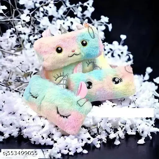 Unicorn fur diary small pocket a6 size notebook with pink feather pouch , water glitter pen , pencil , eraser * sharpener, school stationary supply for girls kids ( pack of 11 items ).