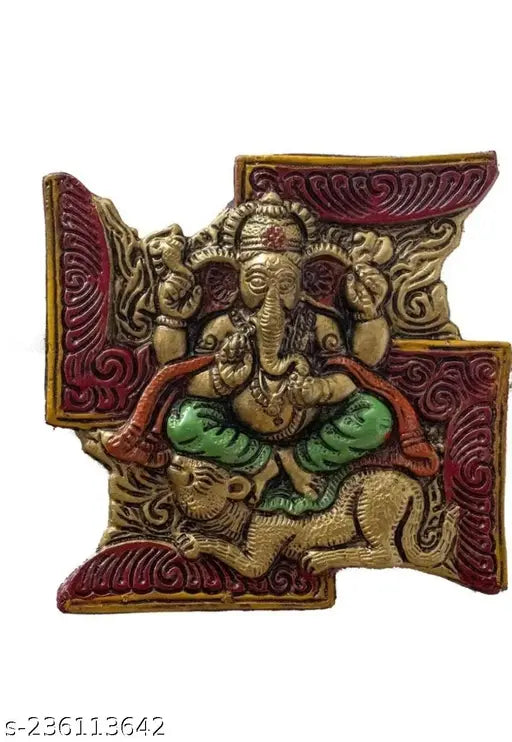 Swastik ganesh ji mushak singhasan coloured metal wall hanging showpiece
