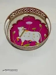 Round Tray (Set of 1) Cow Purple Pichwai Tray (Size = 6) | Best for Home Decor, Wedding Gift, Diwali Gift and Multiuse | High Glossy Raisen Work Trays Featuring