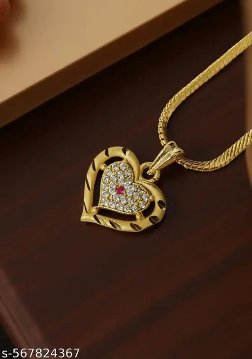 Microplated AD Gold heart Pendant with Chain + Free Finger Ring Gift – Divine Elegance for Every Soul Women