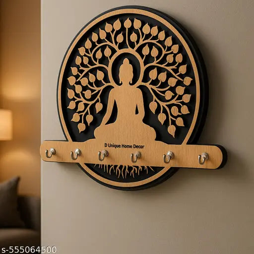 Wall Mounted Key Holder with  Stainless Hooks | Wooden "HOME" Design Key Organizer