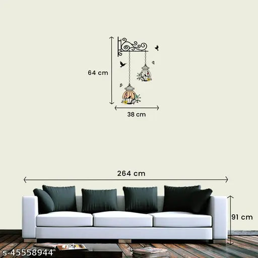 Decor Solution Hanging Flower Birdcage With Birds Wall Sticker For Living Room, Bedroom ( ideal size on wall: 39 cm x 63 cm ),Multicolour