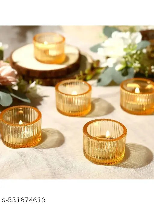 Vijyas "Lining Glass Tealight Candle Votive Holders – Set of 6 Yellow Glass Cups for Rustic Home Decor, Festive Lighting, Wedding & Event Use