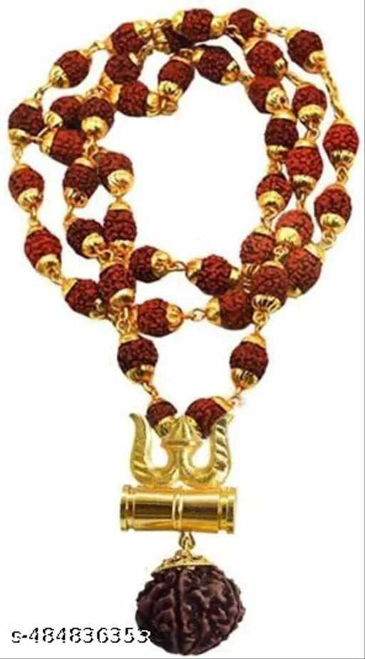 Gold Plated Shiva Trishul Damru Mahadeva Panchmukhi Rudraksh Om  Damru  Pendant Locket Necklace Jewelry for Men and Women Gold-plated Brass Pendat (pack of 1)