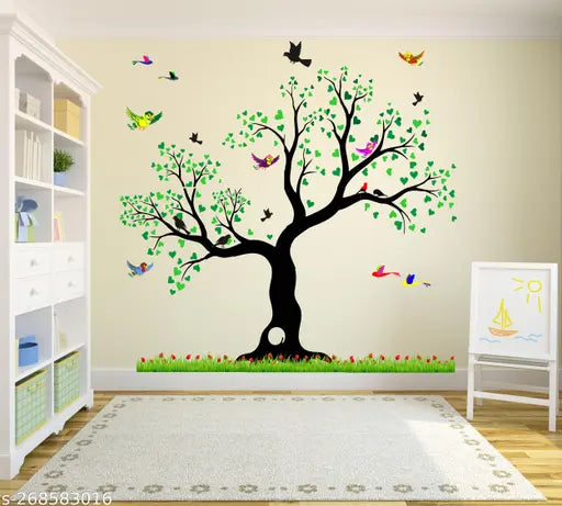 NATURE - BEAUTIFUL - GREEN LEAFS - BIG - TREE - FLYING - BIRDS WALL STICKER