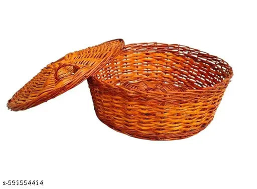 "Natural Wicker Roti Basket 10 Inch with Lid - Traditional Indian Chapati Warmer, Handwoven Bread Serving Bowl, Eco-friendly Kitchenware"