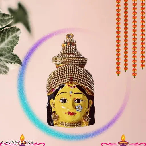 PujaNPujari Ammavari Face With Stones 7 inches, Goddess Lakshmi For Varalakshmi Pooja, Diwali or Wall Hanging Goddess Varalakshmi Ammavaru face