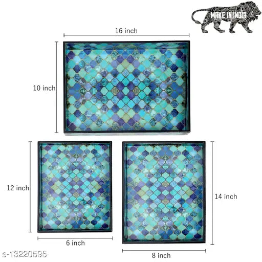 Enamel Coated Multipurpose Set of 3 RectangularTrays  (Blue Drops design)
