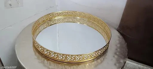 Decorative Round Mirror Tray for Home Décor | Golden Metal Vanity Tray with Floral Design | Centerpiece for Table, Makeup, Perfume, Candle & Festive Decor | Elegant Gift Item