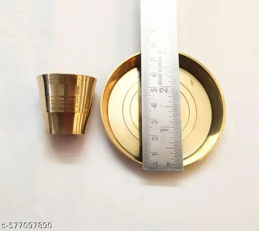 Leepax Brass Pooja Thali and glass Set | Brass Pooja Traditional Bhog Arti Design Thali & Glass /Bhog Bartan/Prasad Bartan Small Utensils Set of 2 Pcs Plate and Glass Ideal for Home, Office, and Temple