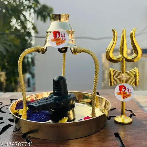 SANSKAARI  Shivling With tasta trishul & And Lord Shiva Brass tipai lota set For Pooja Black Stone Shiv Lingam Marble Shiv Puja Samagri