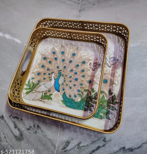 Handcrafted metal Trays || set of 2 || Serving Trays || pecock couple, loving gifting, dining || Elite Trays, new article, exclusive handicrafts, metal trays