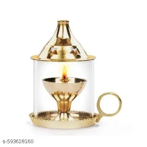 Brass Akhand Diya with Glass Cover / Borosilicate Glass Diya for Puja Diya with Borosilicate Glass | Puja Dia for Mandir | Lantern Diya with Glass Cover