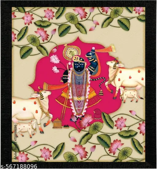 Krishna with Cow – Framed Wall Art | Spiritual Hindu Decor for Home & Temple | Vibrant Bal Gopal Poster with Peacock Feathe