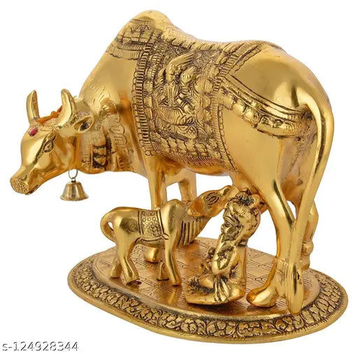 Imagicart Kamdhenu Cow with Calf & Krishna Brass God Figure Showpiece Decor (Big Export Quality)