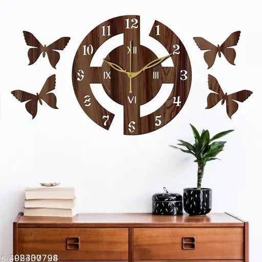 Vacesa Decor Wall Clock-100 Wenge 25x25cm Wall Clocks for Home | Wall Clock for Living Room Bedroom | Designer Wooden Butterflies Clocks for Home Wall Decor