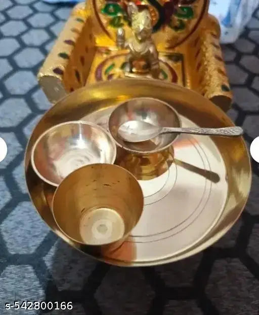 Swami Enterprises Pure Brass Bhog Thali For Home Temple,Laddu Gopal Bhog Thali Set with 2 Katori, 1 Glass, 1 Spoon for Temple
