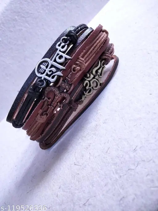 Shiv Om Trishul PU Leather Bracelet Pack Of 3 For Men