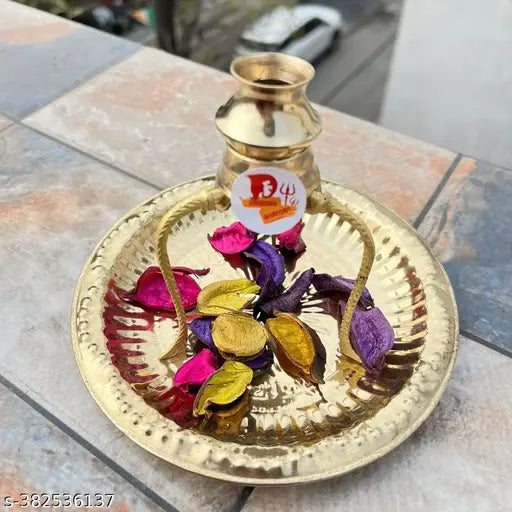 DARIDRA BHANJAN Brass Pooja Plate Thali with Shivling Stand and Abhishek Lota Kalash (Gold , Small) | Shivling Stand | Brass tripai-lota abhishek for shivling and shivji for milk and water abhishek in 100% brass,three stand with loti | Brass Lota for Puja