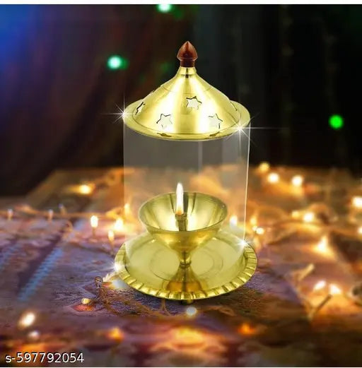 C A GIFT CREATION Akhand Jyot Aaradhya Brass Pooja Diya for Puja & Religious Rituals with Borosilicate Glass Cover for Home,Office & Temple | Traditional Gifting (4.8 Inch Height)