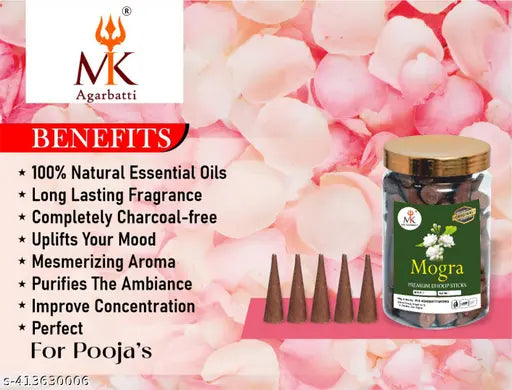 krishna Truly Organic Mogra Dhoop Cone 120 cones  Best for Pooja,Spa,Meditation and Home Fragnance (Pack of 1)