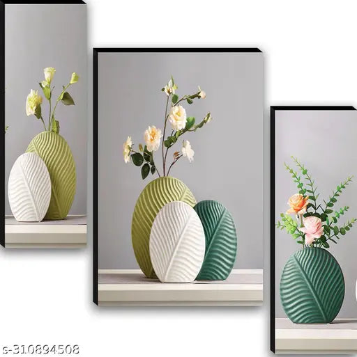 Set of 3 flower Pots  Religious Modern art self adeshive Home decorative gift item wall painting for living room , office , hotel MDF framed painting 12 inch X 18 inch(pack of 3 )