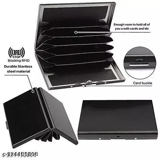 Sonrisa Water-Resistant Stainless Steel RFID Protected Black Metal Debit/Credit Business Atm 6 Card Holder