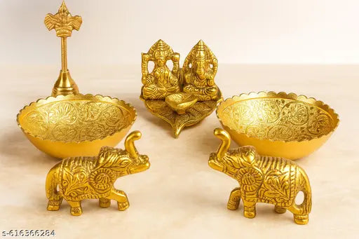Traditional Aluminium  Lakshmi Ganesha Pooja sets With Diyas and Elephant & A Beautiful Bell