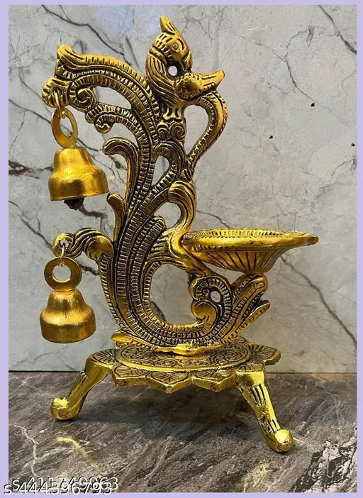 Peacock Design Diya Set with Bell in Black Antique Finished for Diwali Pooja/Puja Deepak, Home Temple Akhand Puja Articles Décor Gifts , decorative diya Gold