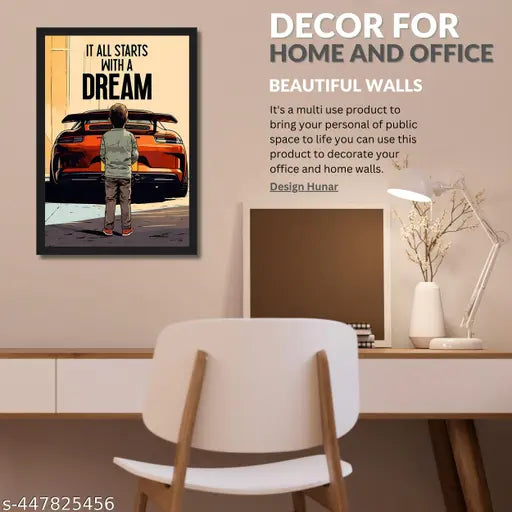 UdayGalleries “It All Starts With A Dream” Motivational Wall Photo Frame – 9x7 Inch Car Quote Poster for Room, Living Room & Office | Inspirational Wall Hanging for Dreamers, Entrepreneurs, Car Lovers & Boys Hostel | Stylish Decorative Frame for Growth &
