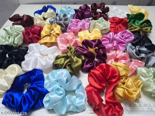(Pack of 12) (Multicolor) Premium Silk Satin Scrunchies Rubber Rubber Band Blue color Fabric Juttu upakaranalu/Jada Gantalu/Juttu Savram/Muti pakankal/mudi aaksasarikal/Kudalu parikaragalu/Hair parikaragalu Ideal for Women / Girls