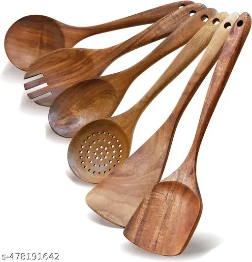 Handmade Neem Wood Spatula Non-Stick Cooking & Serving Kitchen Tools Premium Wooden Serving Spoon, Dessert Spoon, Table Spoon Set  (Pack of 6)