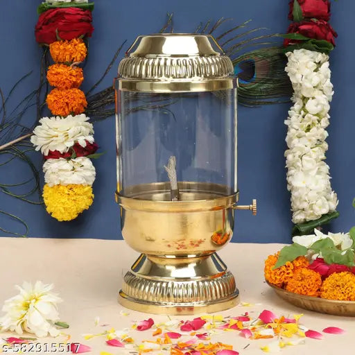 Pure Brass Akhand Diya with Borosilicate Glass & Adjustable Bati Knob || Traditional Oil Lamp for Spiritual Use in Mandir, Home Puja, Diwali, Navratri