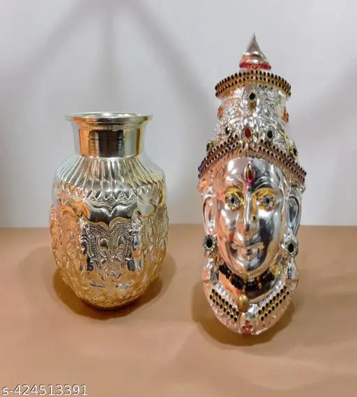 German Silver Kalash and Lakshmi Face Mukoota For Vara Mahalakshmi Festival K4420