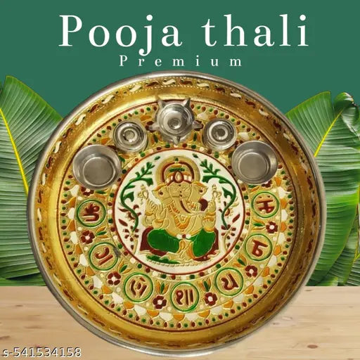 GANESH PRINTED POOJA THALI Decorative Pooja thali/Ornate Embellished Pooja Plate/Traditional aarti thali/Decorated Pooja Tray/Indian Pooja thali with diyas/Puja thali Set with Incense Holder (10 inch)