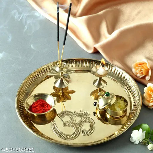RAINBOW TRADERS Pooja Thali Set Big Size | 8.2 inch Brass Plate for Puja | Golden Thali for Pooja Plate | Puja Ki Thali | Pooja Thali Brass for Home & Festivals