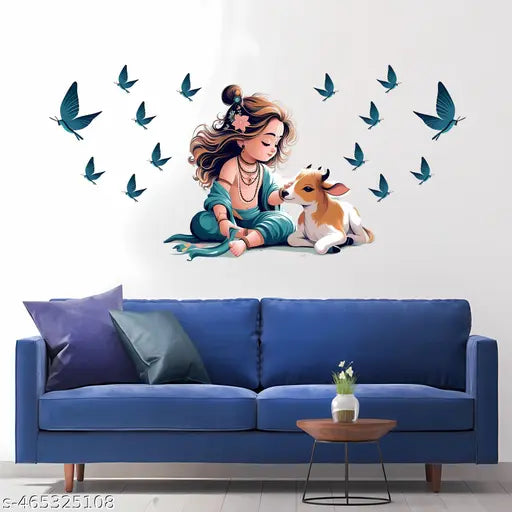 ArtfulDecals COLORFULL KRISHNA WITH BUTTERFLYY WALL STICKER FOR BEDROOM AND HALL SIZE, 24X21
