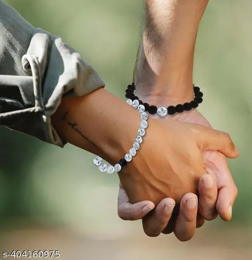 Fashion Distance Couple Natural Stones Reiki Yoga Healing Onyx and Howlite Unisex Bracelet for Men and Women
