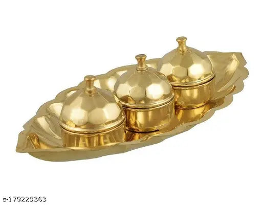 LNIM Brass Haldi Kumkum dabbi with lid and Attached with Thali Brass Kankavati for puja,