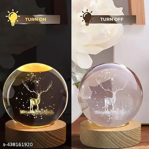 GEETA TRADERS  3D Crystal Ball Night Lamp, Led Glass Ball Light with Wooden Base, Decorative Night Light for Home, Office, Bithday Gift for Adults, Boys, Girls (Pack of 1) (Deer Lamp)1